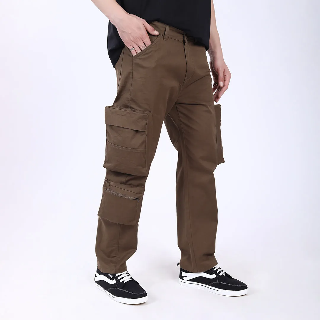 Men's Relaxed Fit Dark Brown Stretch Cotton Cargo Pants – Streetwear Large pocket Style