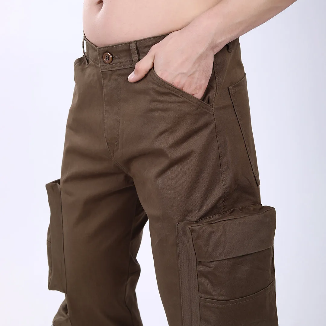 Men's Relaxed Fit Dark Brown Stretch Cotton Cargo Pants – Streetwear Large pocket Style