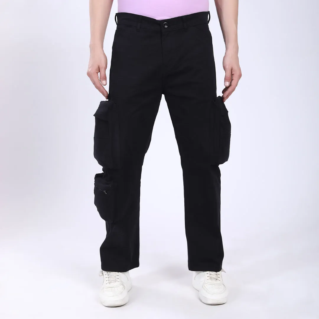 Men's Relaxed Fit Black Stretch Cotton Cargo Pants – Streetwear Large pocket Style