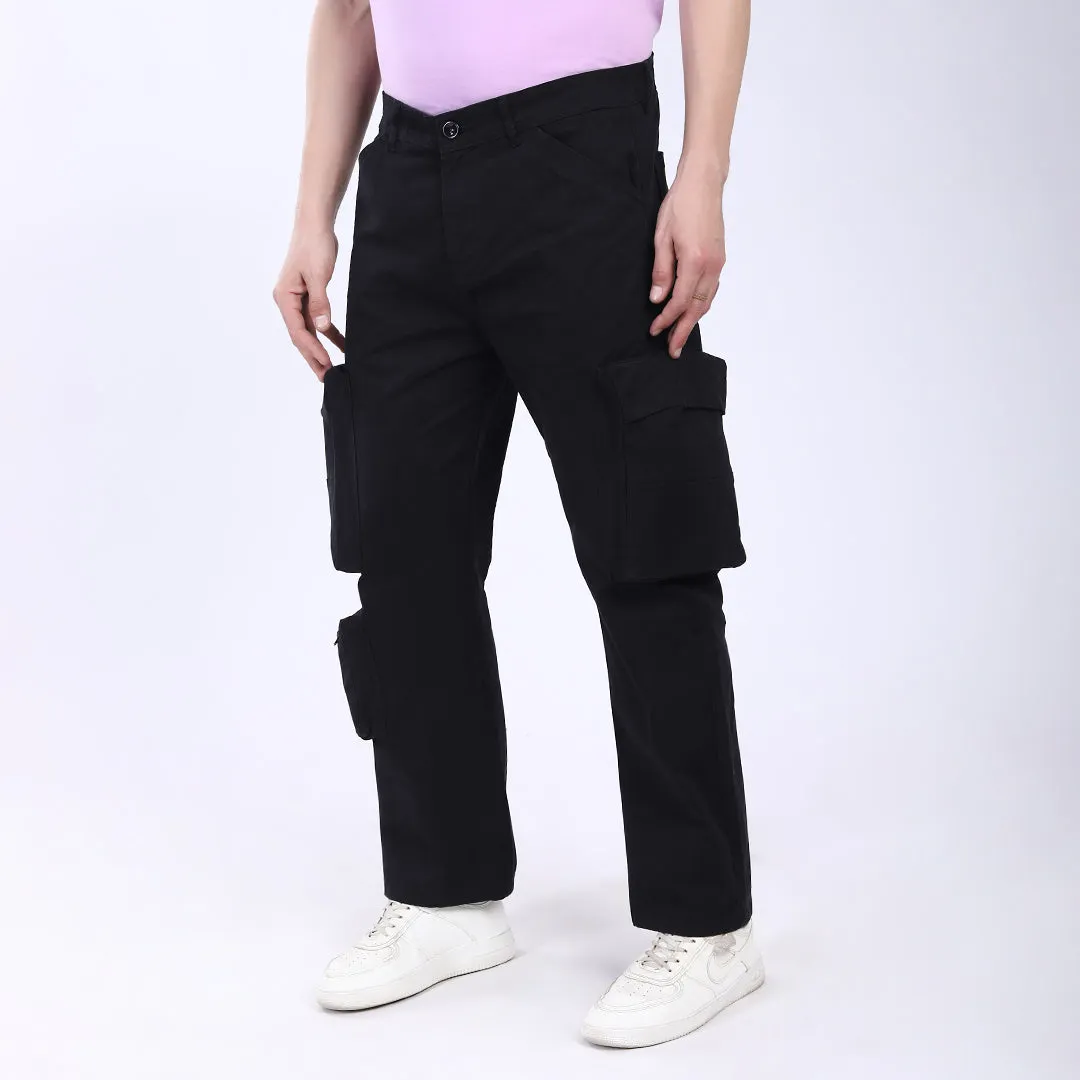 Men's Relaxed Fit Black Stretch Cotton Cargo Pants – Streetwear Large pocket Style
