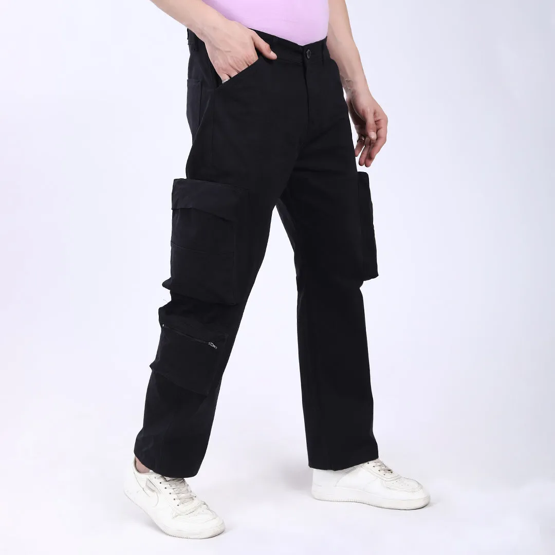 Men's Relaxed Fit Black Stretch Cotton Cargo Pants – Streetwear Large pocket Style