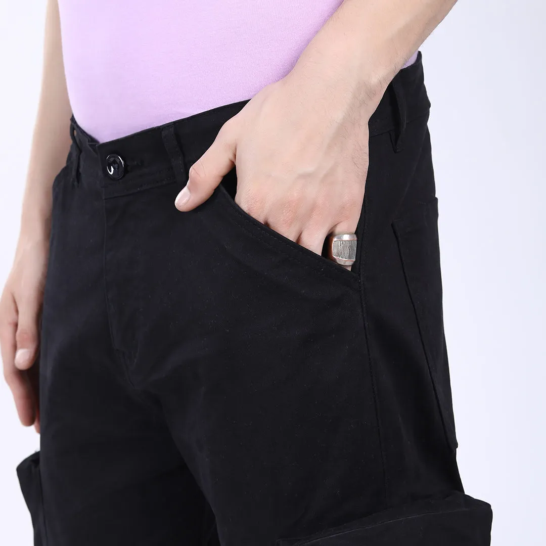 Men's Relaxed Fit Black Stretch Cotton Cargo Pants – Streetwear Large pocket Style