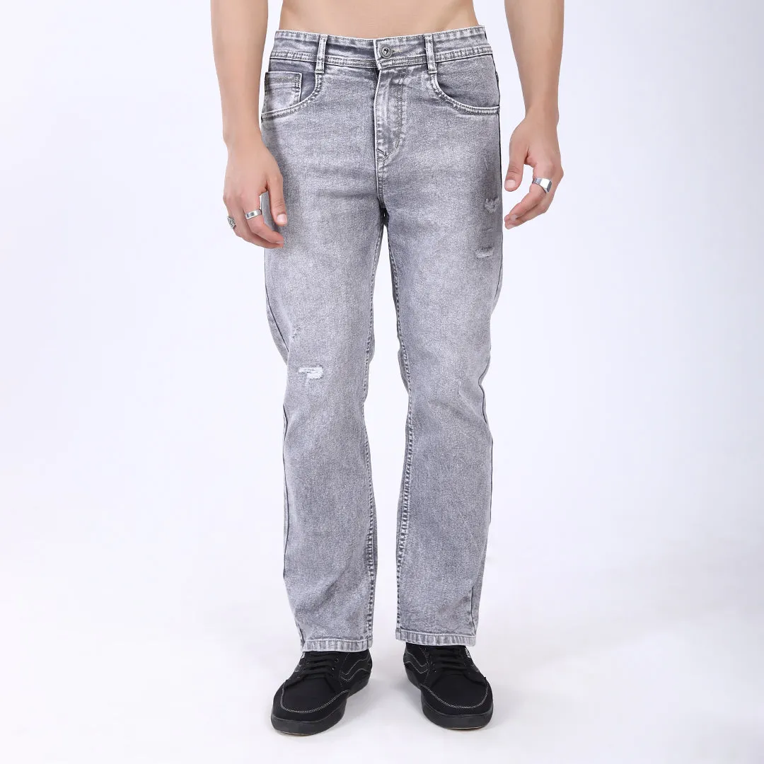 LIGHT GREY BAGGY FIT DISTRESSED JEANS STYLE