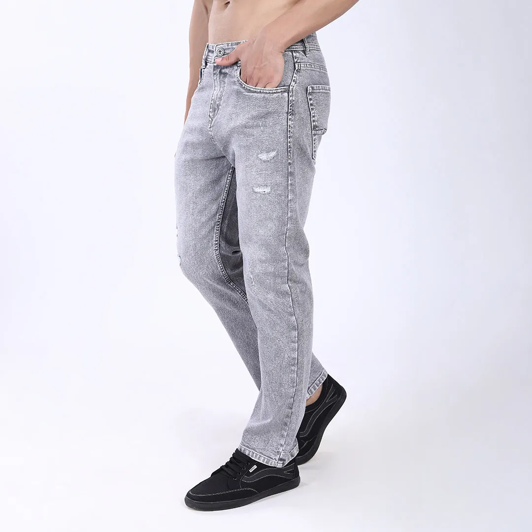 LIGHT GREY BAGGY FIT DISTRESSED JEANS STYLE