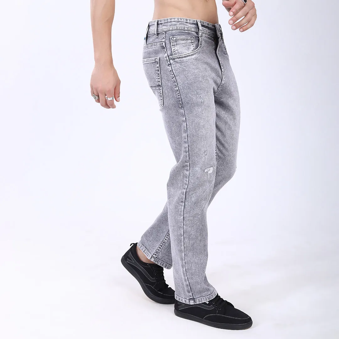LIGHT GREY BAGGY FIT DISTRESSED JEANS STYLE