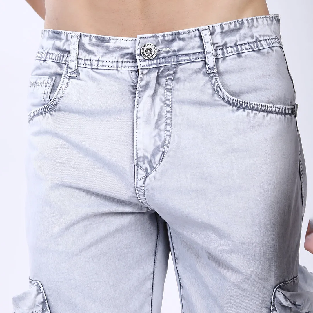 LIGHT GREY BAGGY CARGO FIT JEANS WITH LARGE POCKET