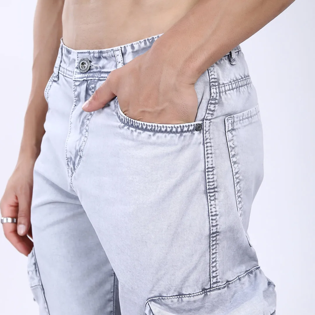 LIGHT GREY BAGGY CARGO FIT JEANS WITH LARGE POCKET