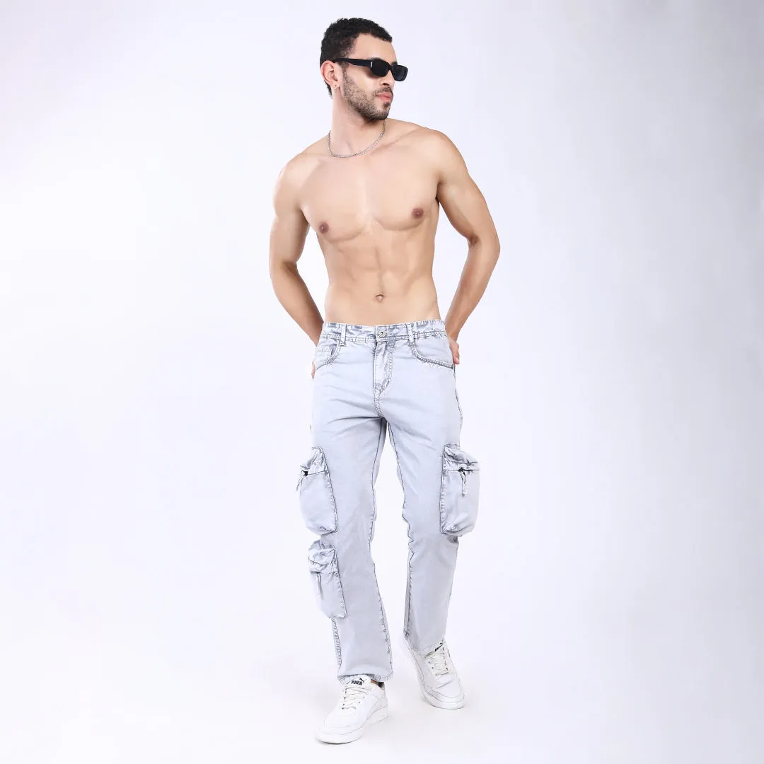 LIGHT GREY BAGGY CARGO FIT JEANS WITH LARGE POCKET