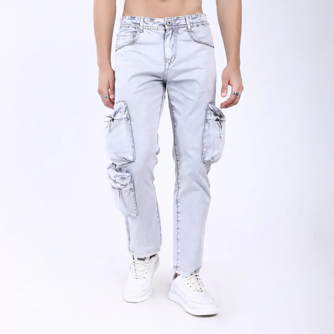 LIGHT GREY BAGGY CARGO FIT JEANS WITH LARGE POCKET