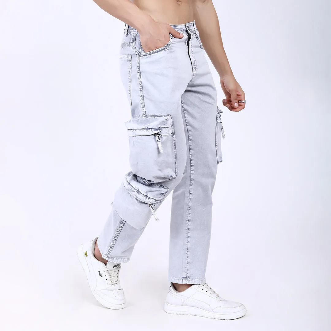 LIGHT GREY BAGGY CARGO FIT JEANS WITH LARGE POCKET