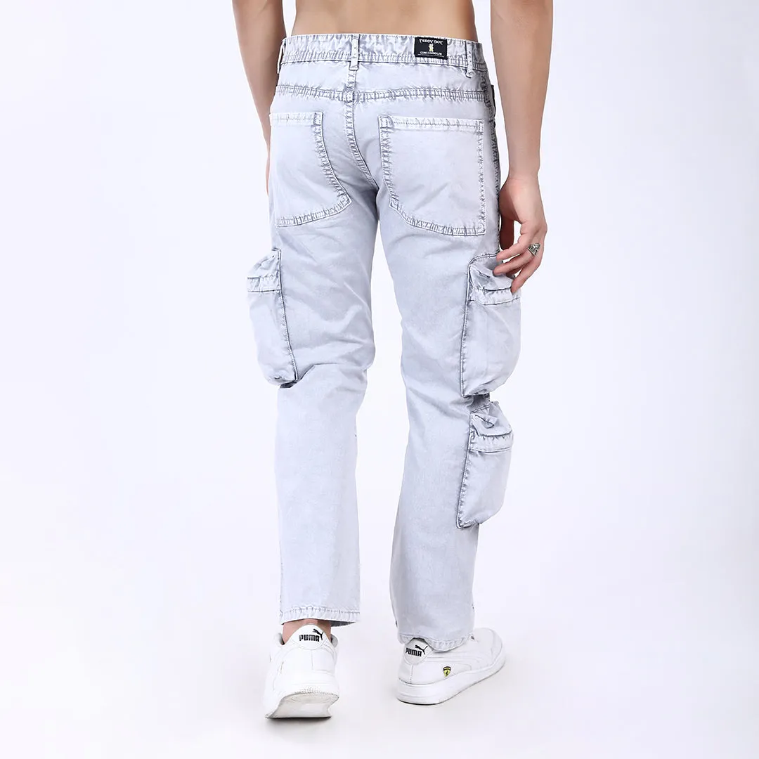 LIGHT GREY BAGGY CARGO FIT JEANS WITH LARGE POCKET