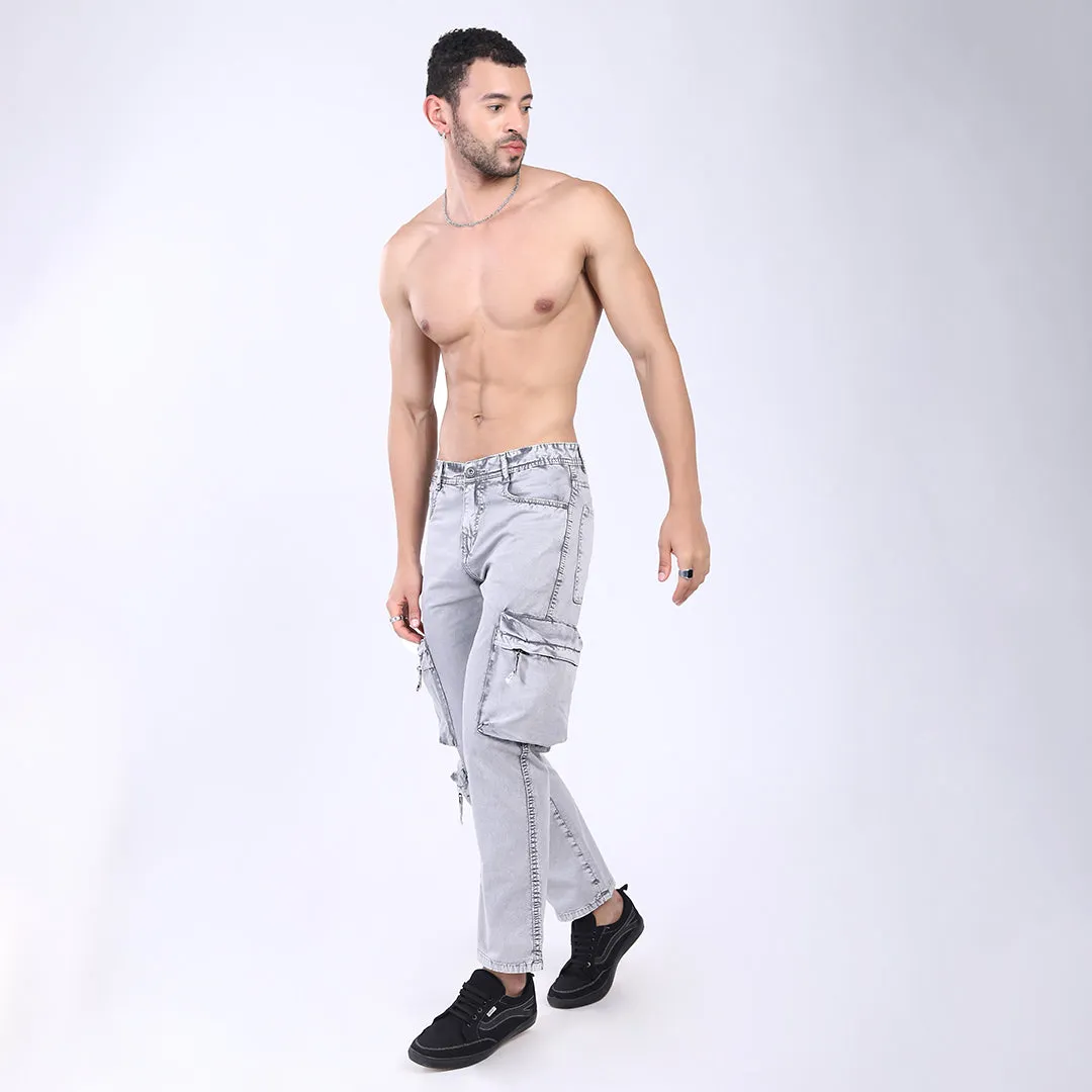 GREY BAGGY CARGO FIT JEANS WITH LARGE POCKET