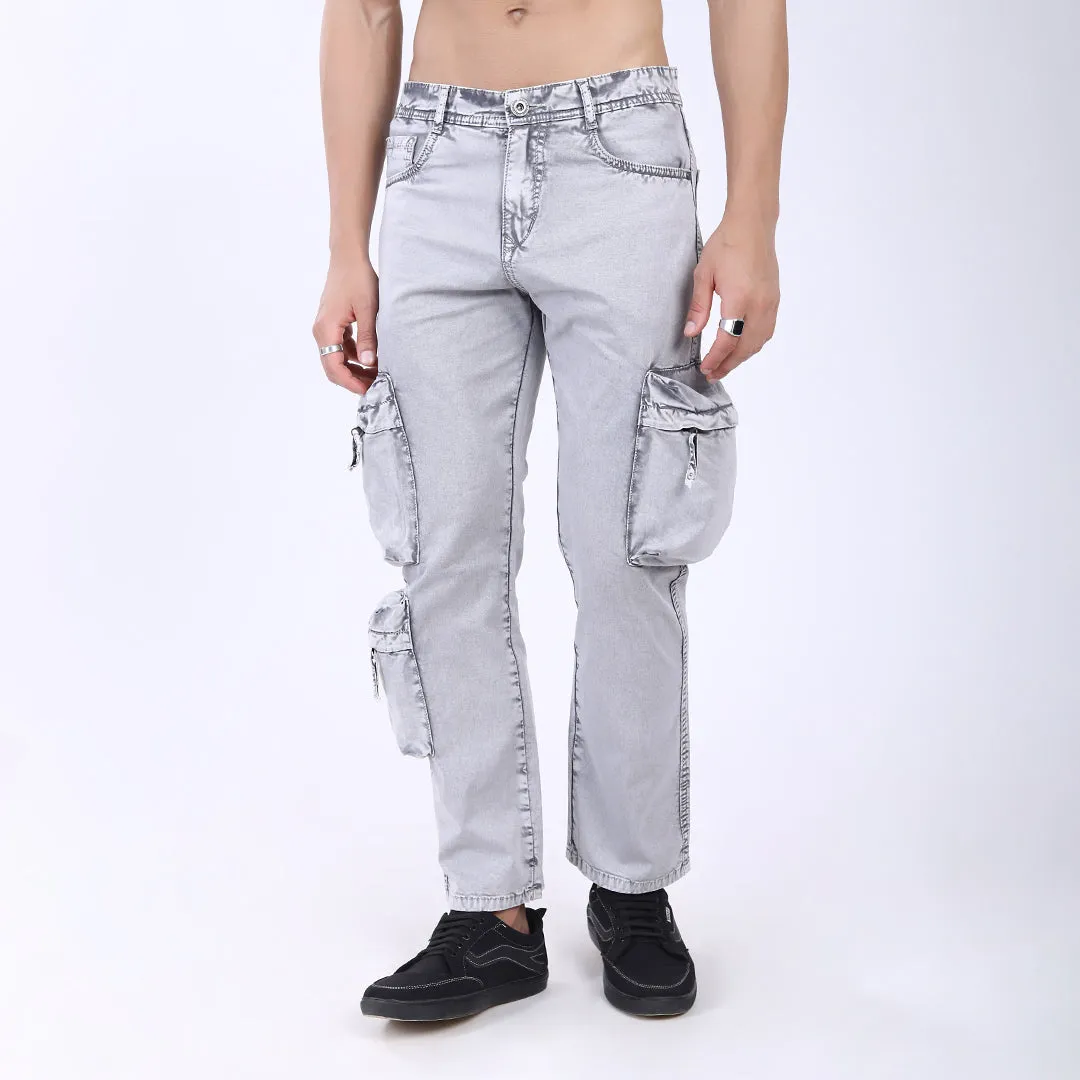 GREY BAGGY CARGO FIT JEANS WITH LARGE POCKET