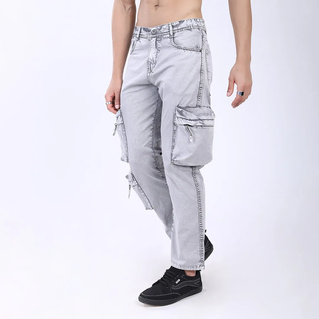 GREY BAGGY CARGO FIT JEANS WITH LARGE POCKET