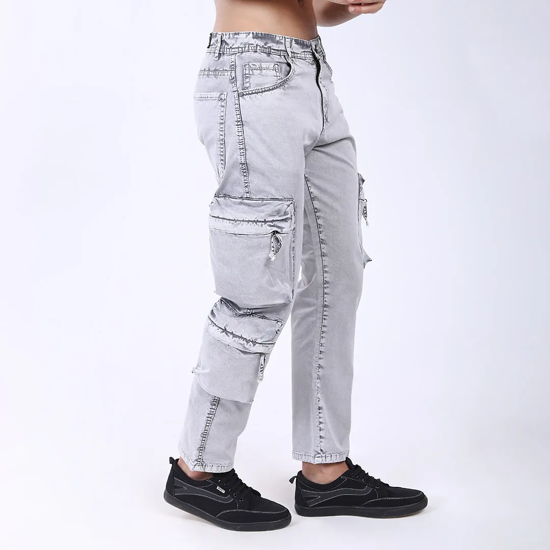 GREY BAGGY CARGO FIT JEANS WITH LARGE POCKET