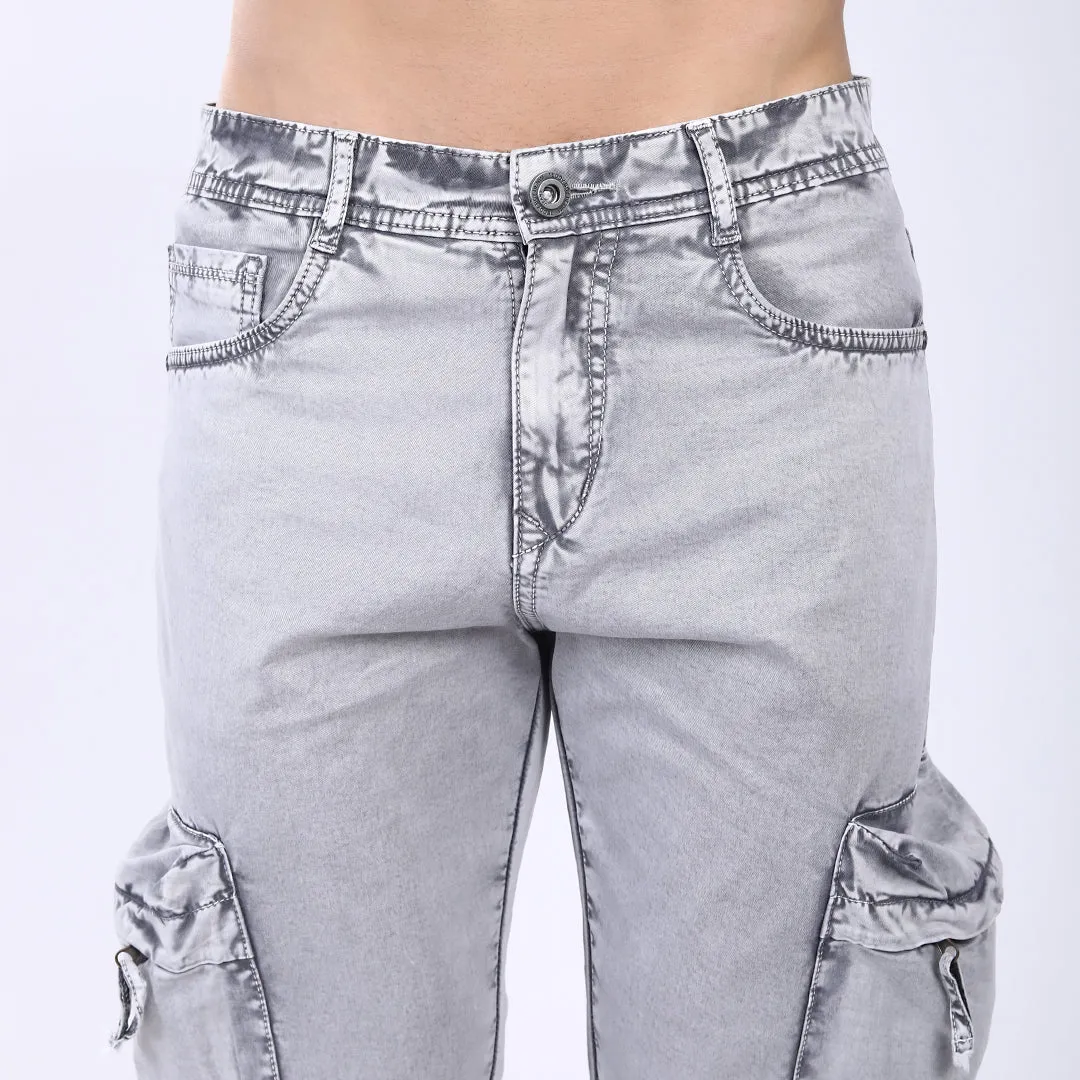 GREY BAGGY CARGO FIT JEANS WITH LARGE POCKET
