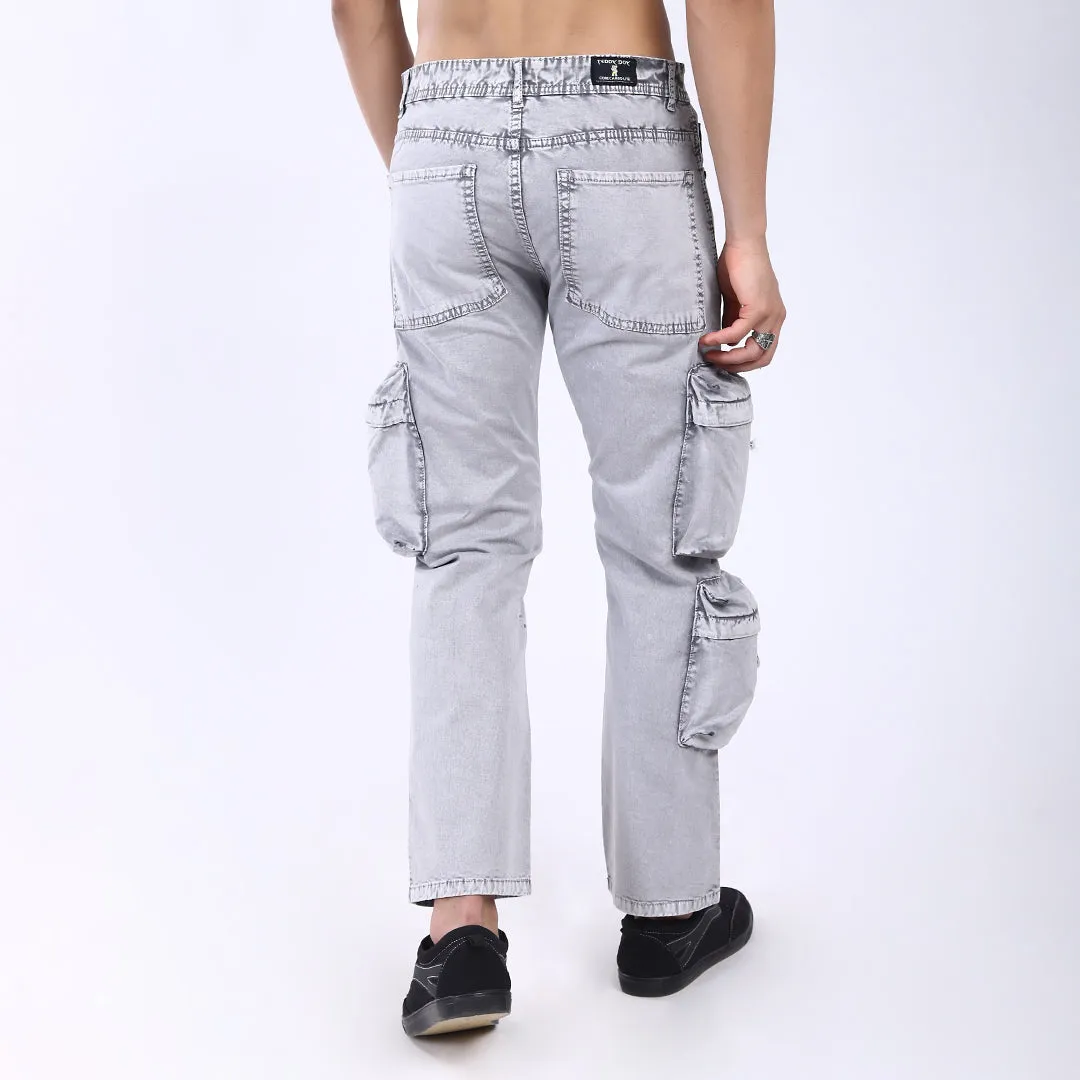 GREY BAGGY CARGO FIT JEANS WITH LARGE POCKET