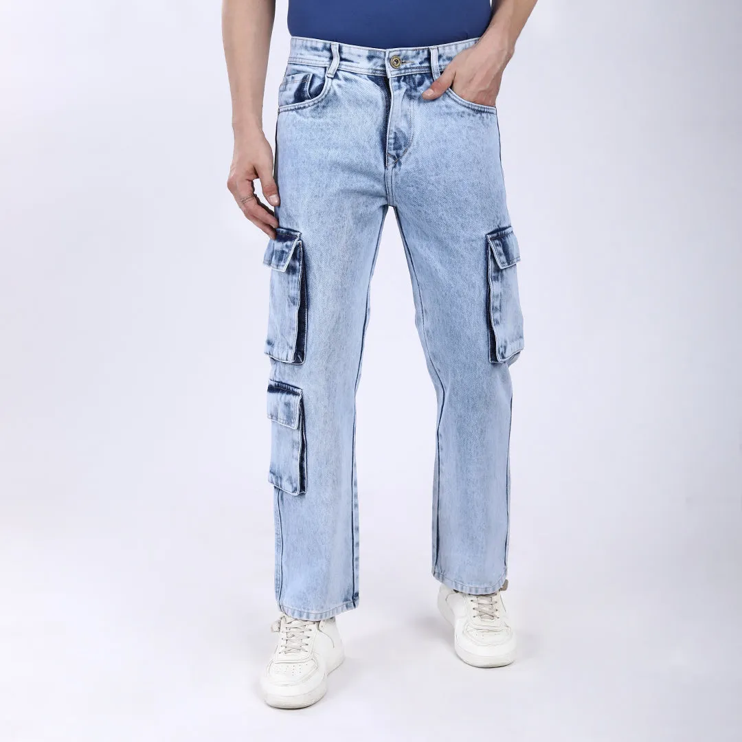 LIGHT BLUE BAGGY CARGO FIT JEANS