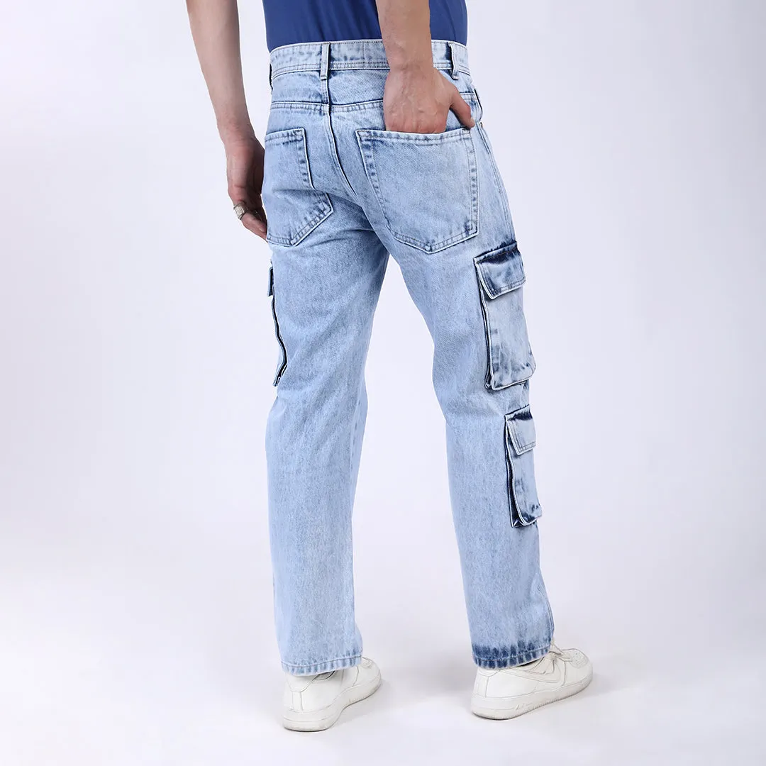 LIGHT BLUE BAGGY CARGO FIT JEANS