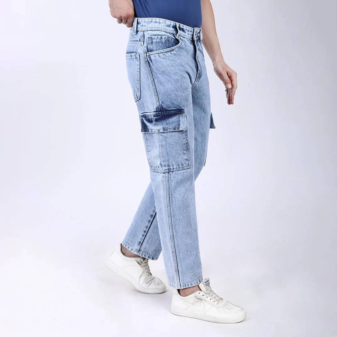 ICE BLUE BAGGY CARGO FIT JEANS