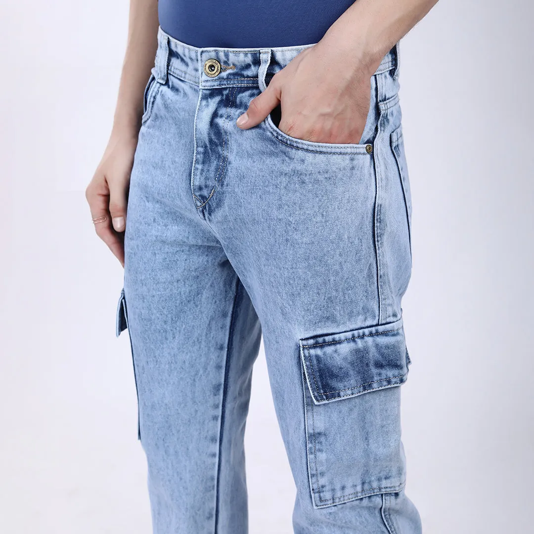 ICE BLUE BAGGY CARGO FIT JEANS