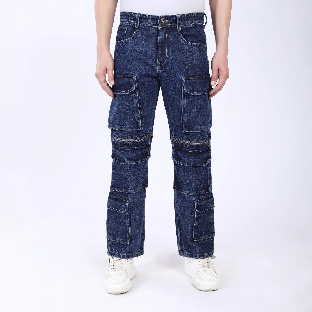 DARK BLUE BAGGY CARGO FIT JEANS