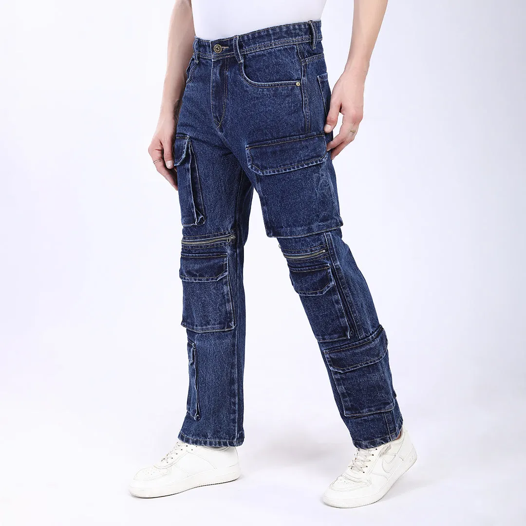 DARK BLUE BAGGY CARGO FIT JEANS