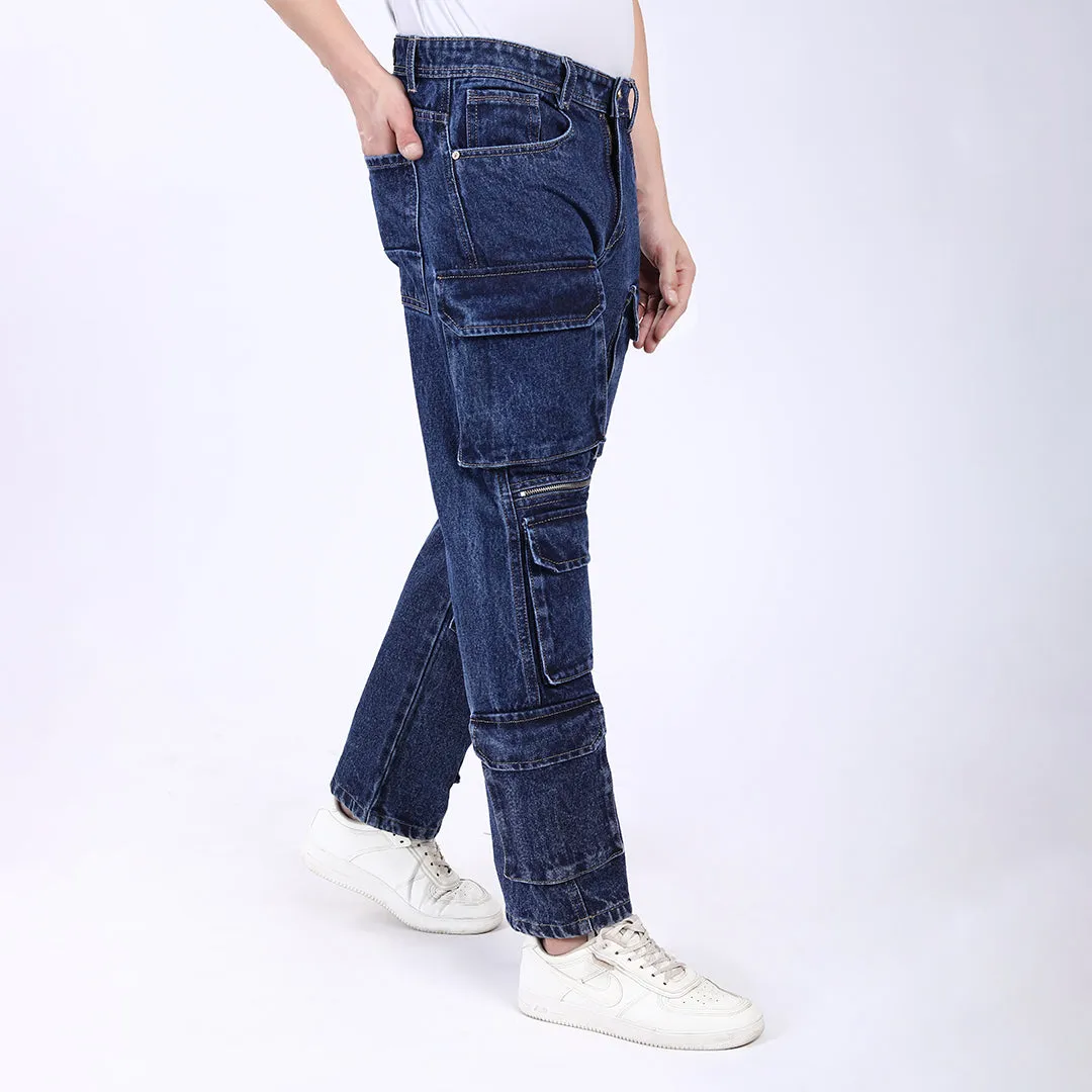 DARK BLUE BAGGY CARGO FIT JEANS