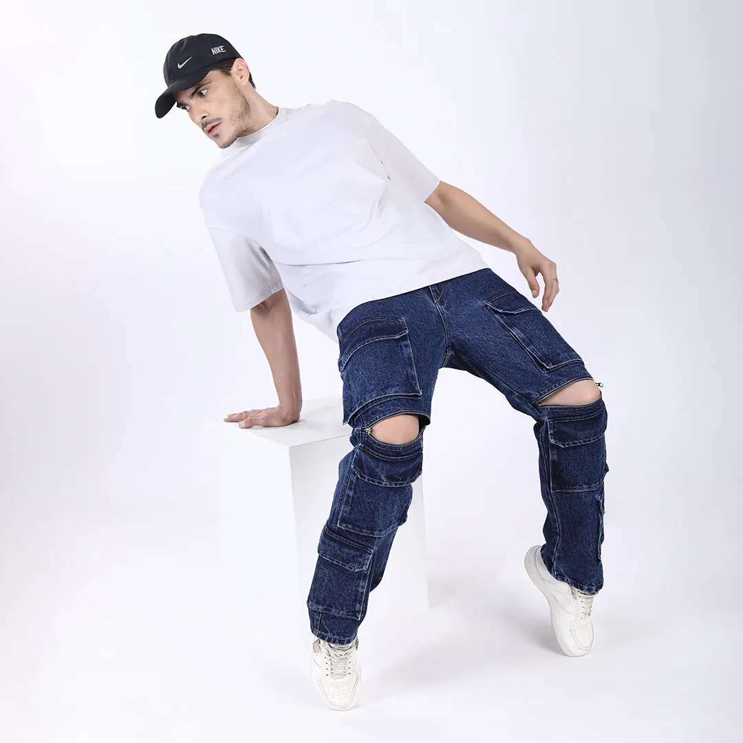 DARK BLUE BAGGY CARGO FIT JEANS