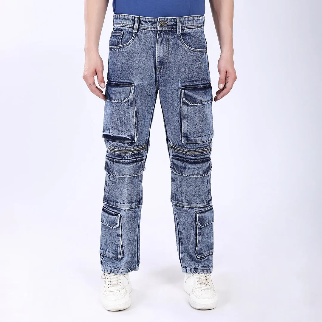 LIGHT BLUE BAGGY CARGO FIT JEANS