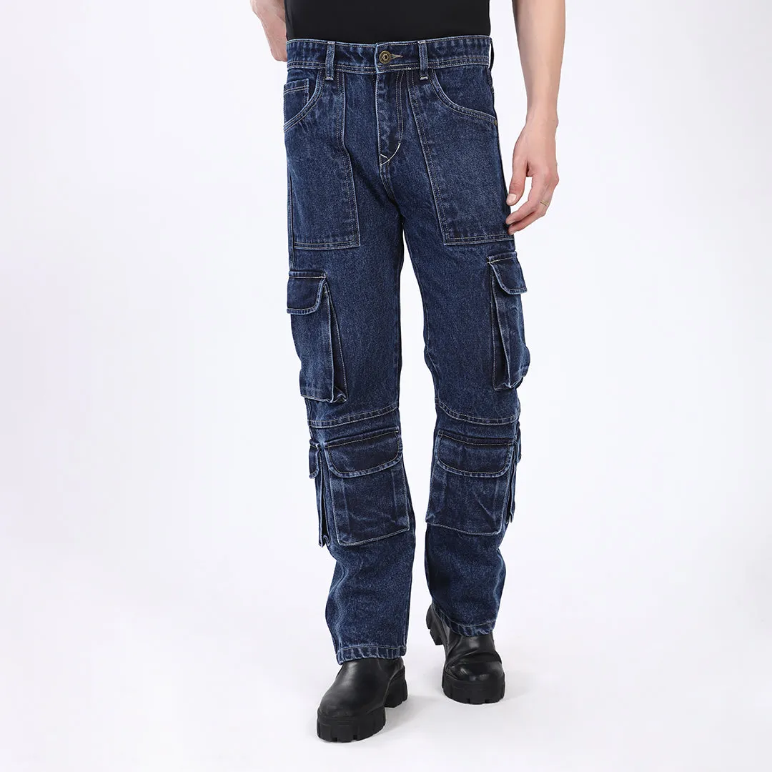DARK BLUE BAGGY CARGO FIT JEANS