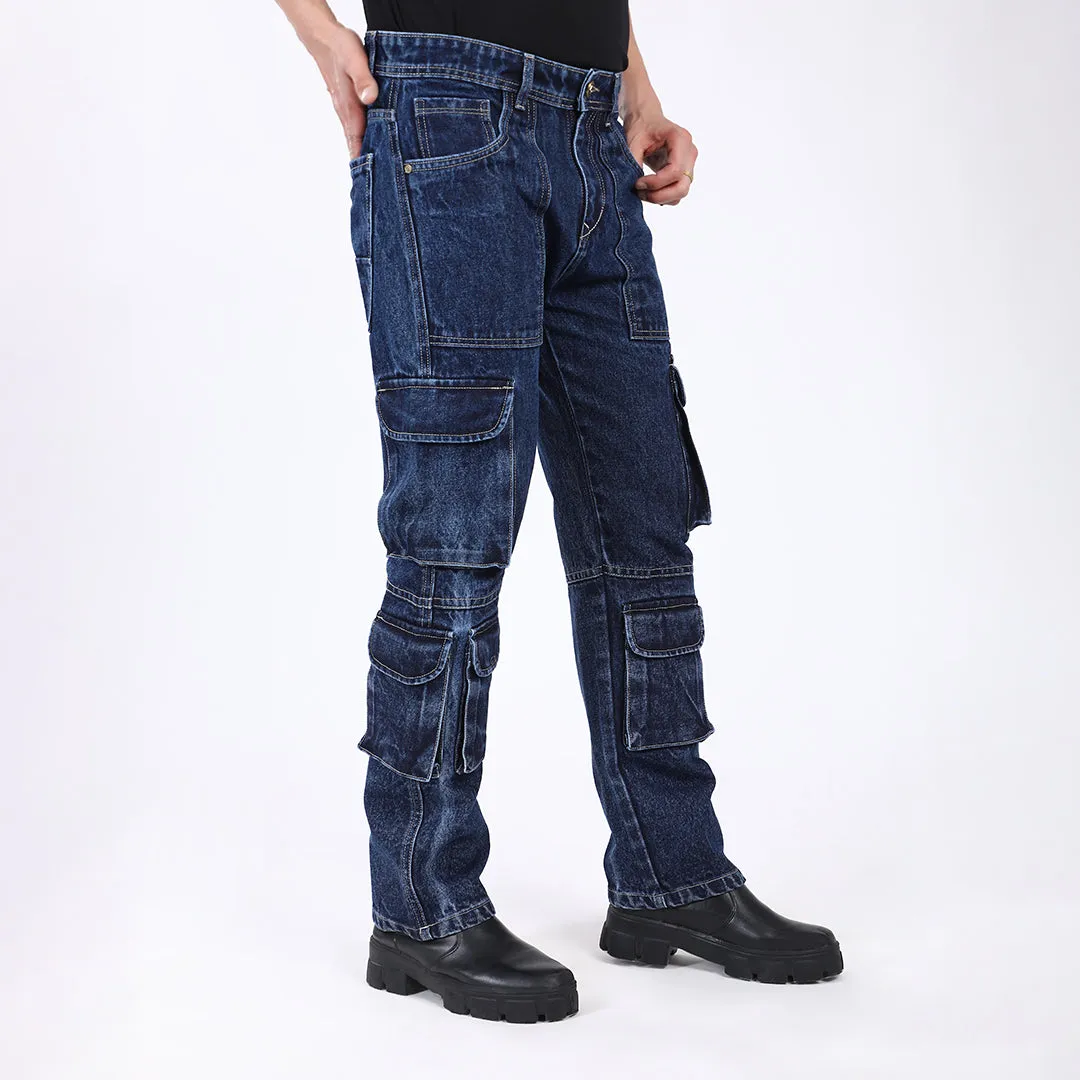DARK BLUE BAGGY CARGO FIT JEANS
