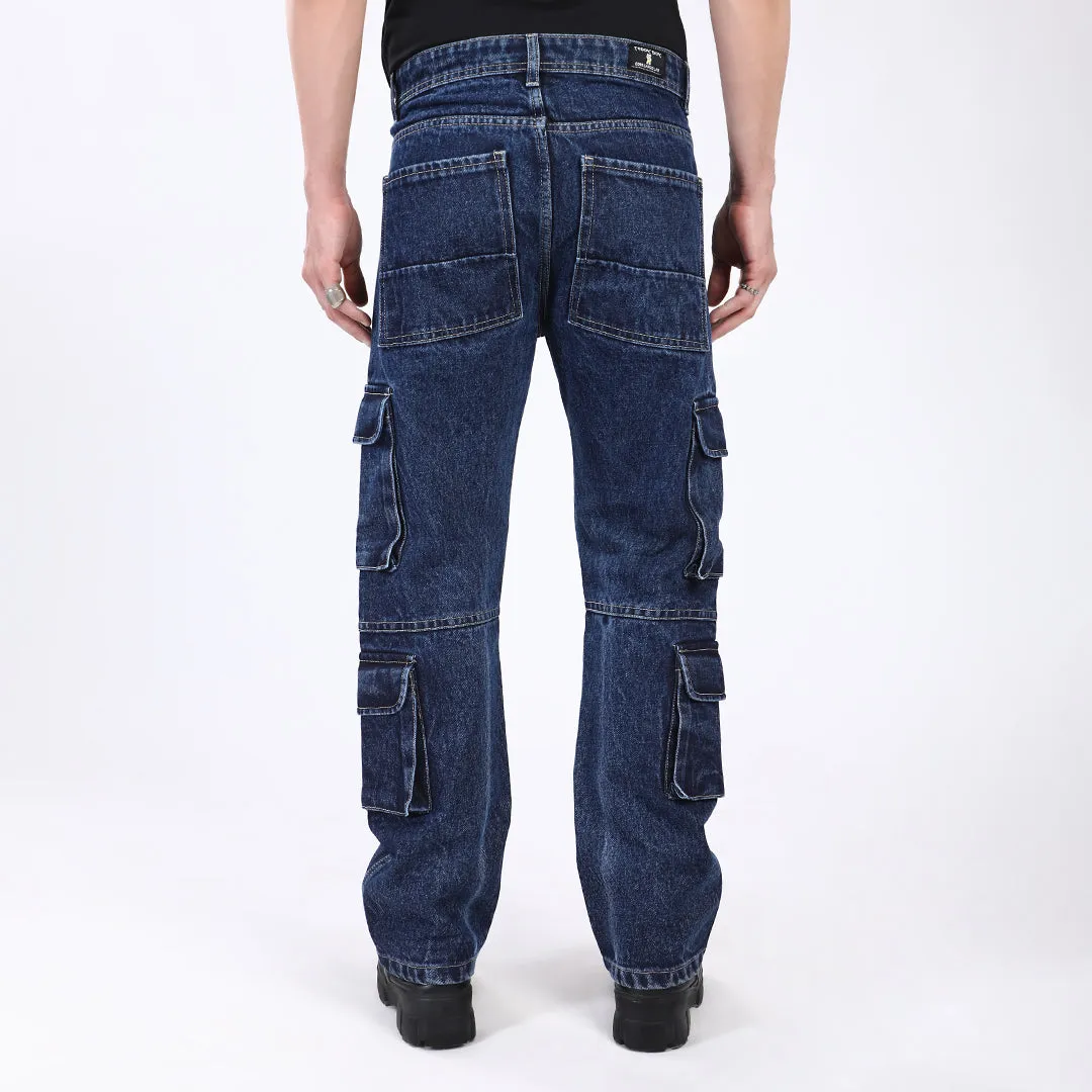 DARK BLUE BAGGY CARGO FIT JEANS