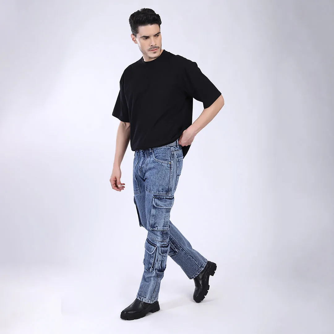 LIGHT BLUE BAGGY CARGO FIT JEANS