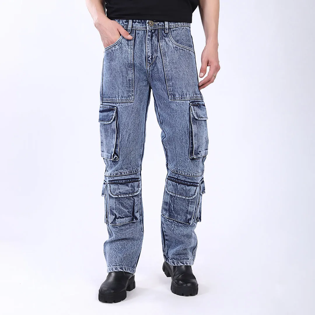 LIGHT BLUE BAGGY CARGO FIT JEANS
