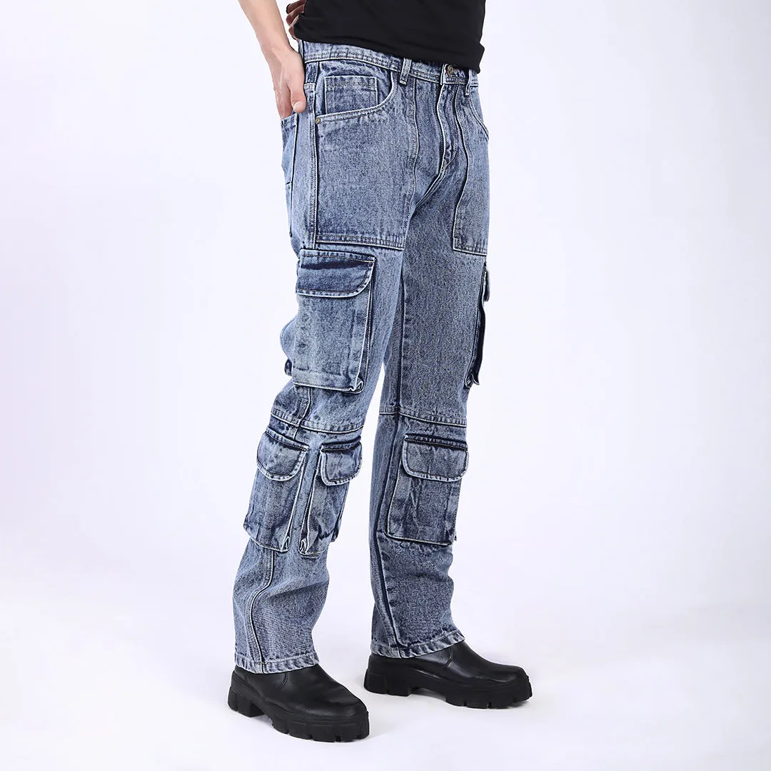 LIGHT BLUE BAGGY CARGO FIT JEANS