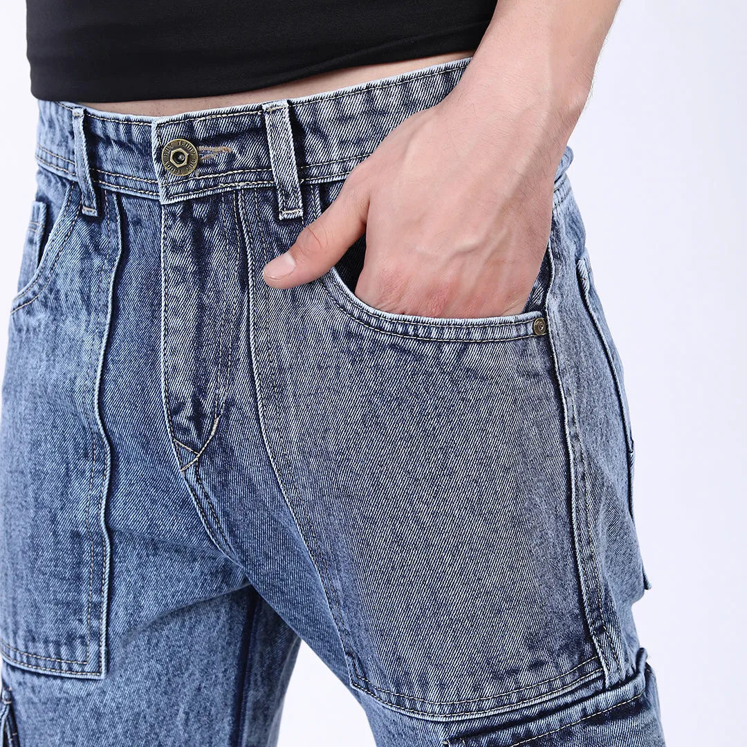 LIGHT BLUE BAGGY CARGO FIT JEANS