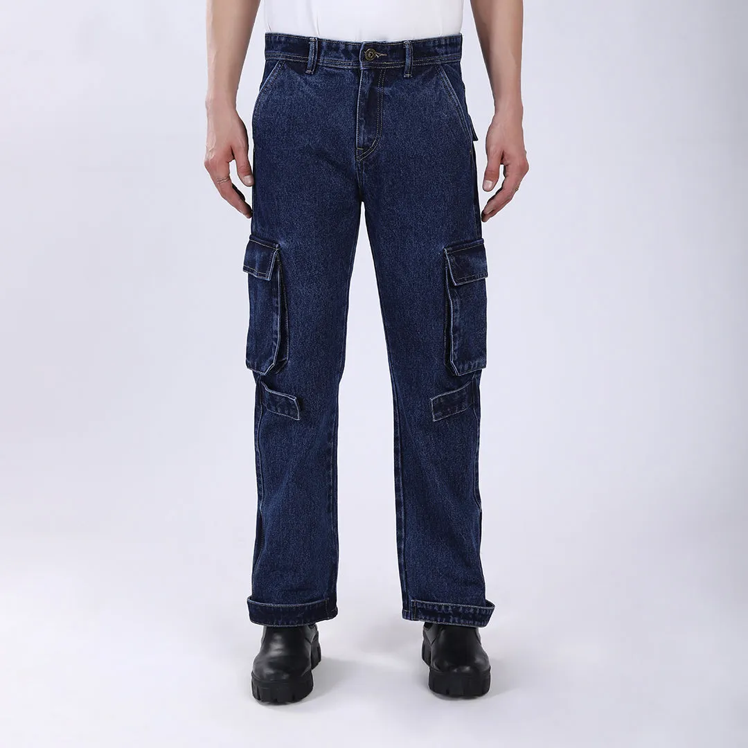 DARK BLUE BAGGY CARGO FIT JEANS