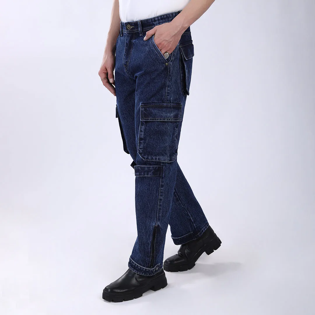 DARK BLUE BAGGY CARGO FIT JEANS