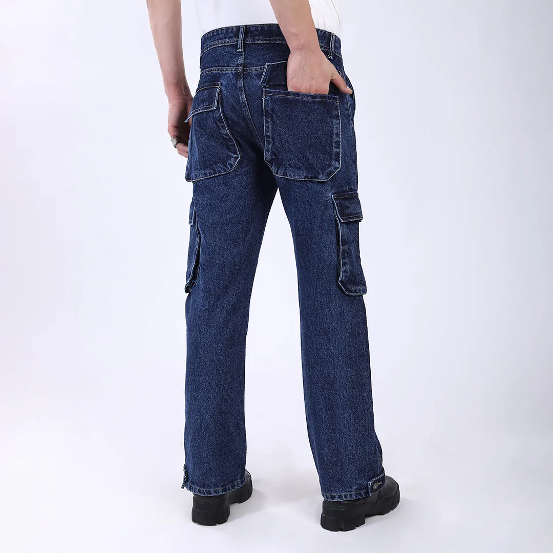 DARK BLUE BAGGY CARGO FIT JEANS
