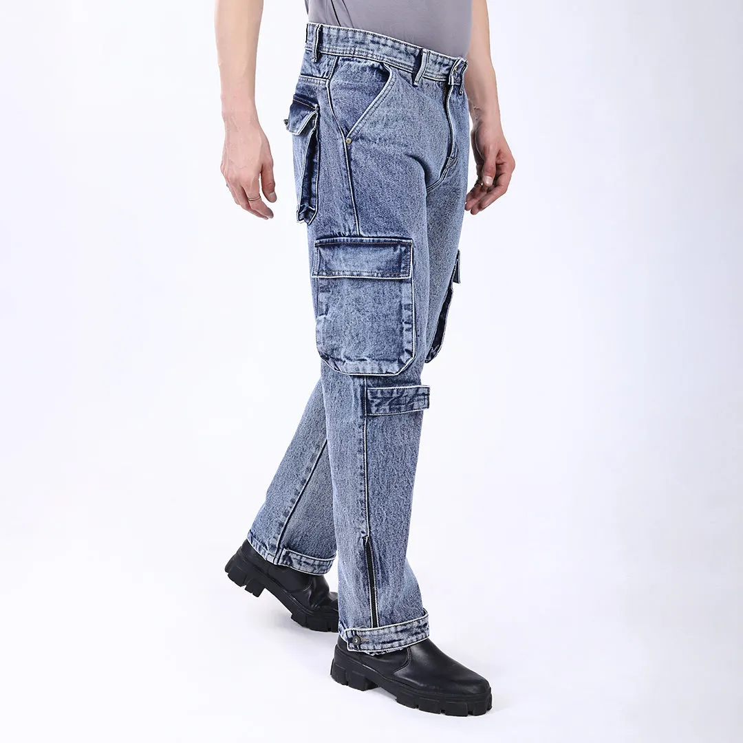 LIGHT BLUE BAGGY CARGO FIT JEANS