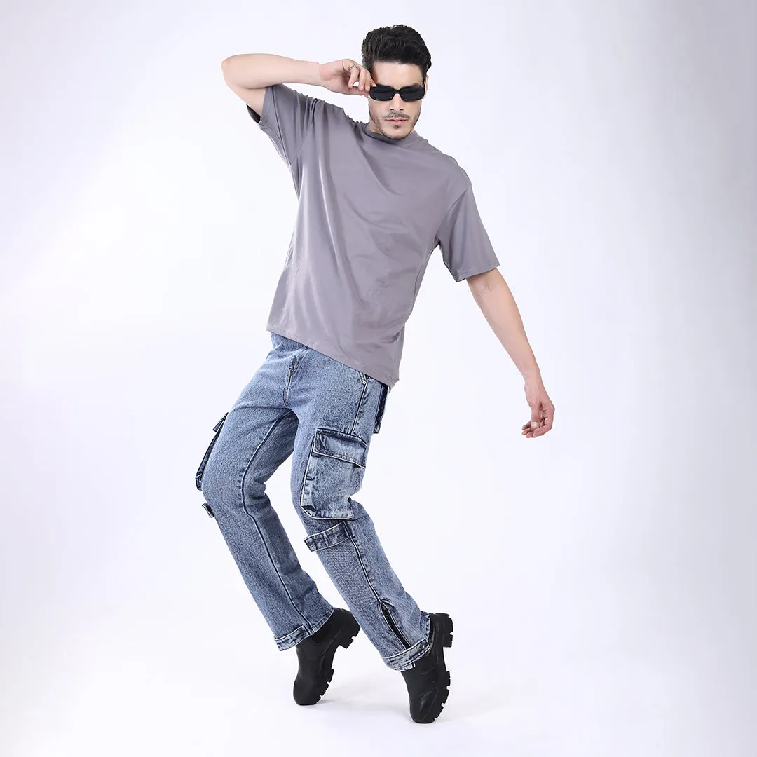 LIGHT BLUE BAGGY CARGO FIT JEANS