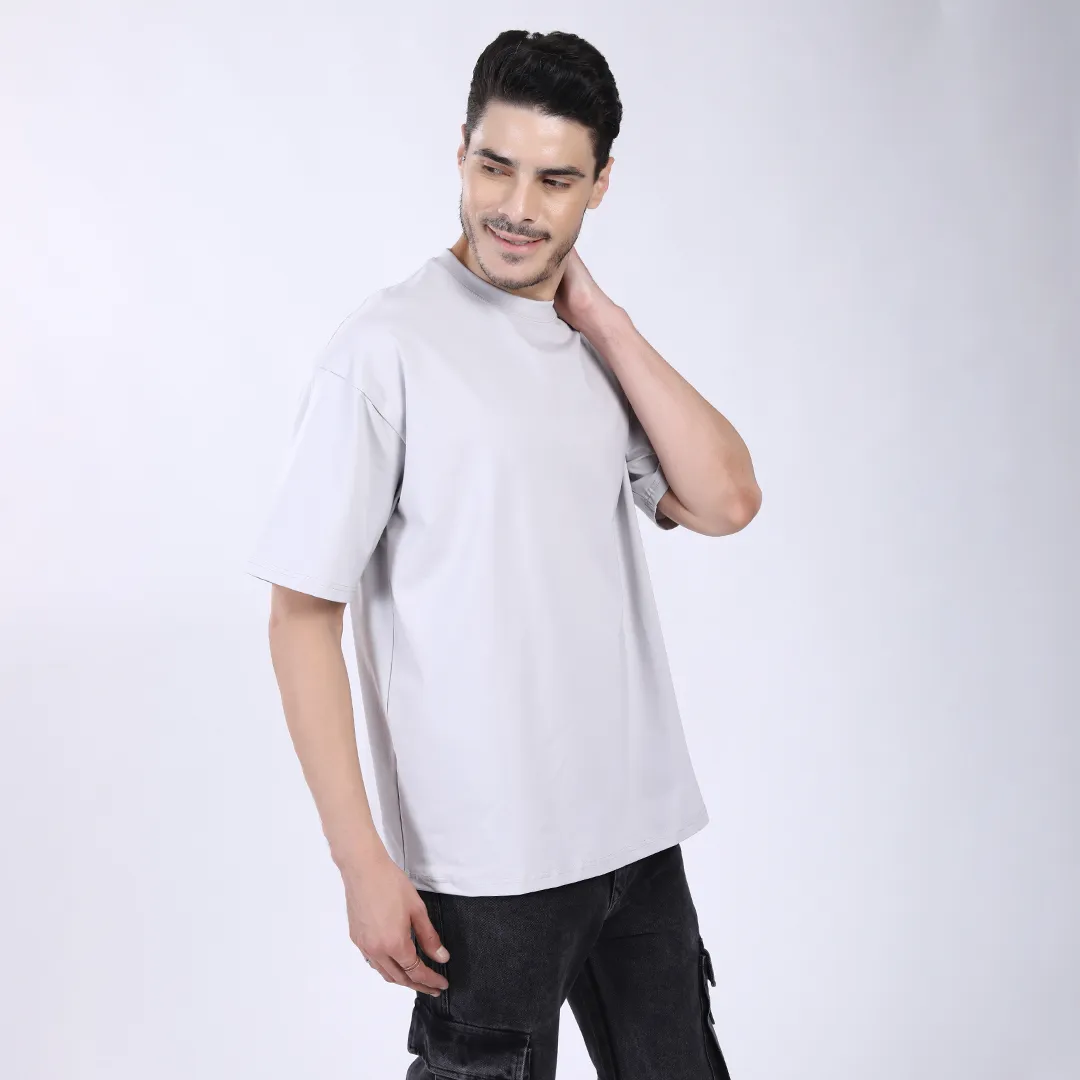MEN'S L GRAY PRINTED OVERSIZED COTTON T-SHIRT