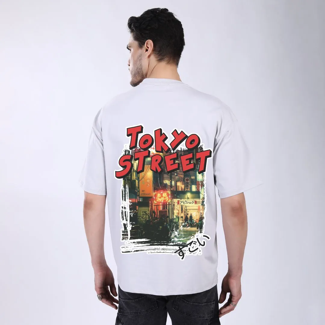 MEN'S L GRAY PRINTED OVERSIZED COTTON T-SHIRT
