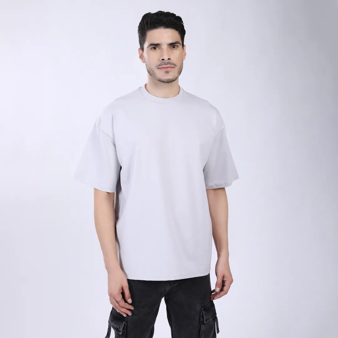 MEN'S L GRAY PRINTED OVERSIZED COTTON T-SHIRT