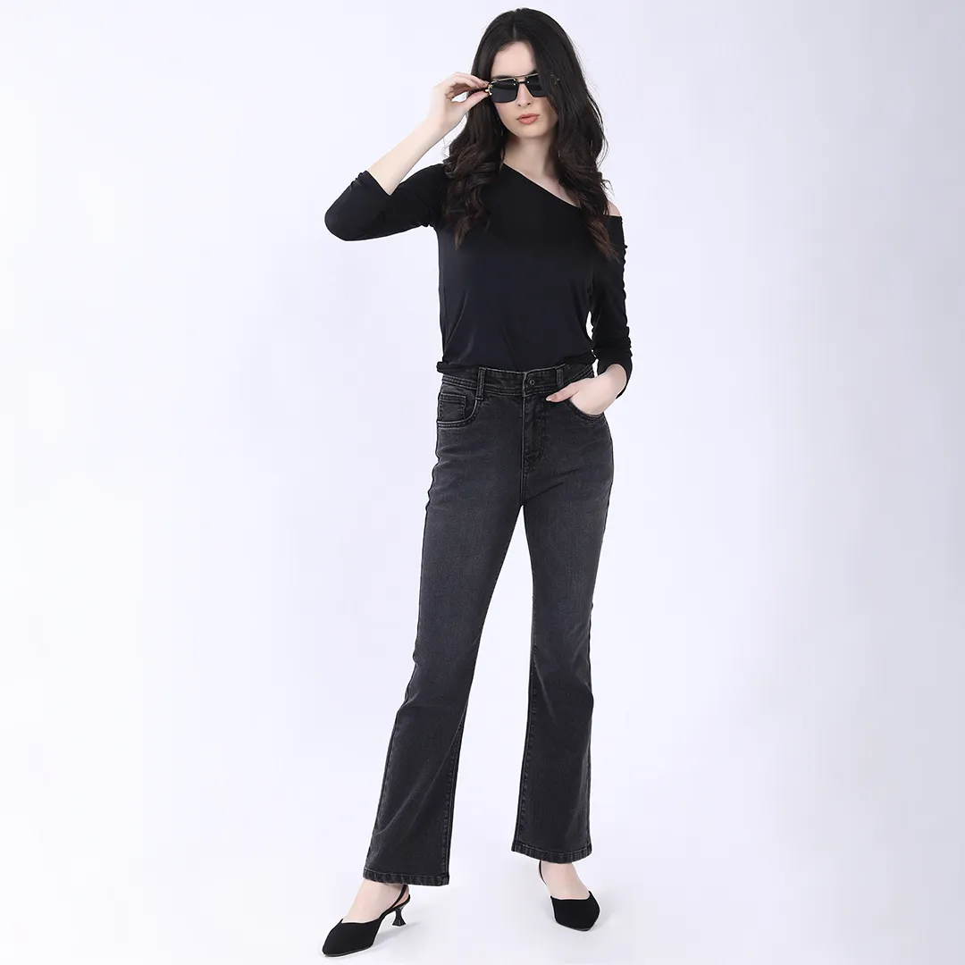 WOMEN'S GRAY MID RISE BELL BOTTOM JEANS