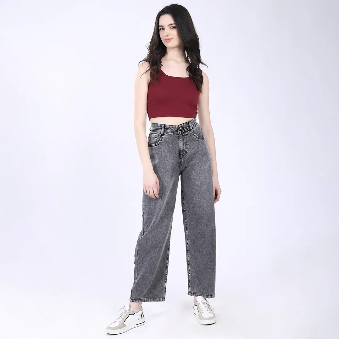 WOMEN'S GREY HIGH RISE BAGGY FIT JEANS