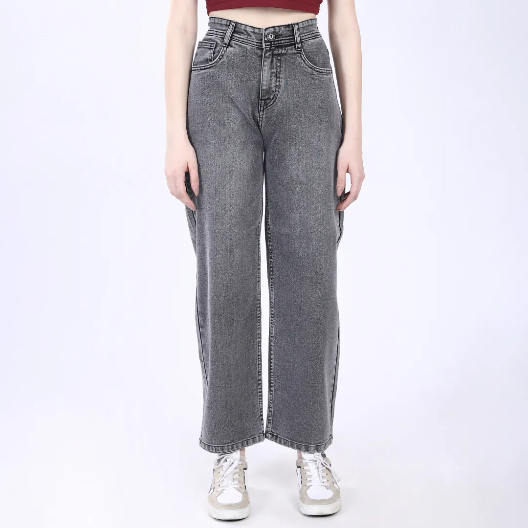 WOMEN'S GREY HIGH RISE BAGGY FIT JEANS