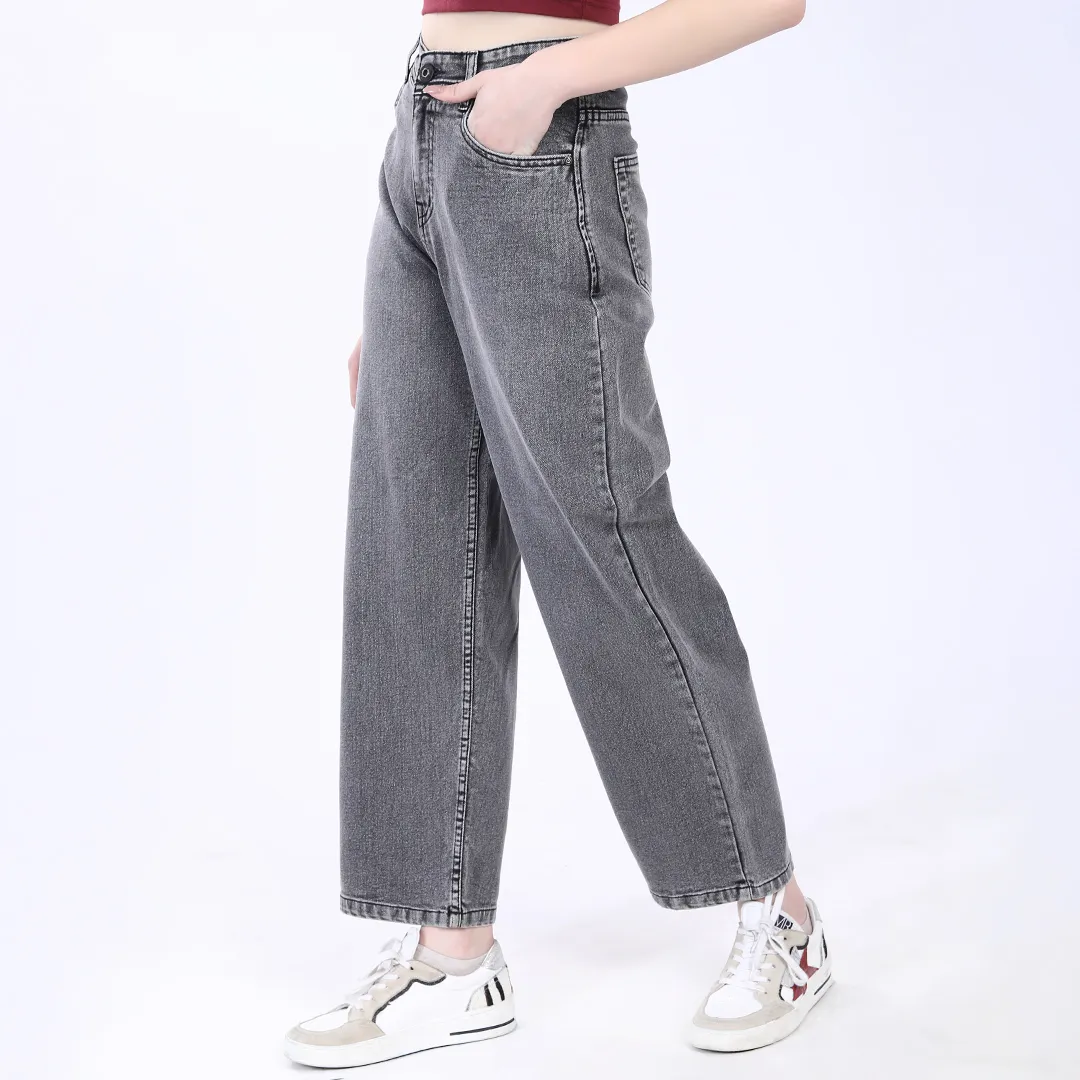 WOMEN'S GREY HIGH RISE BAGGY FIT JEANS