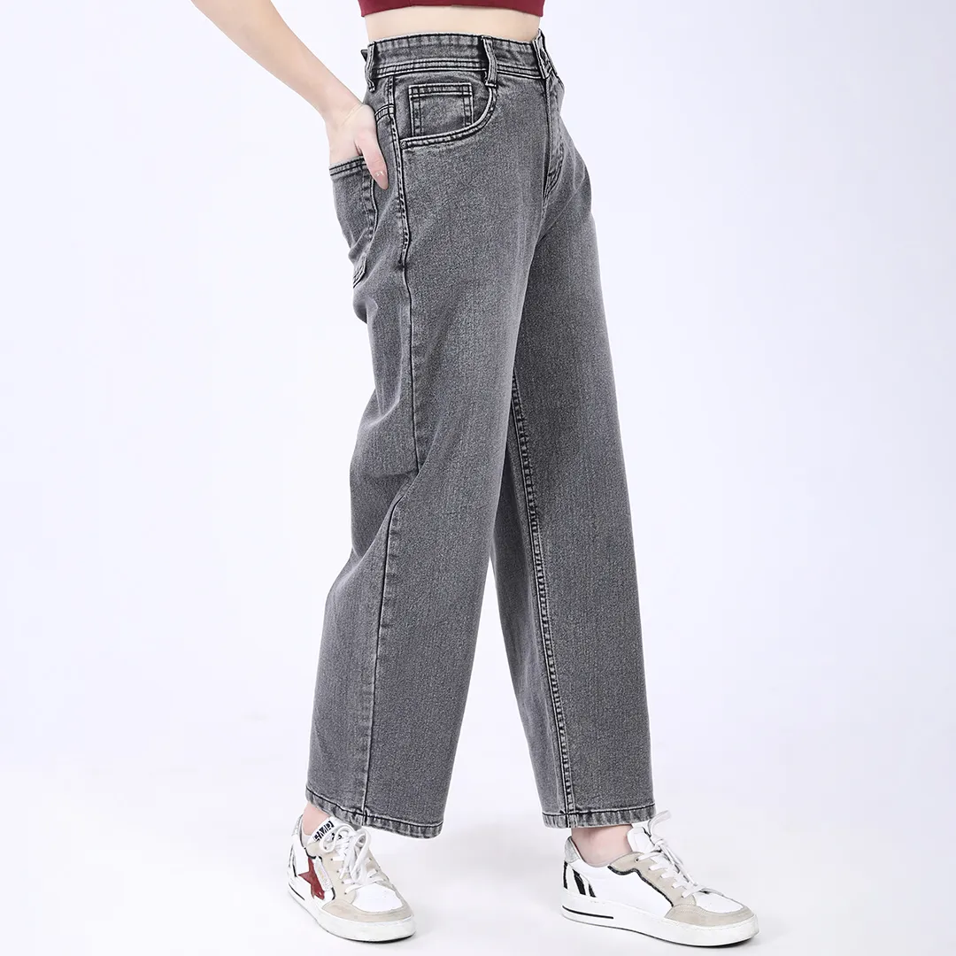 WOMEN'S GREY HIGH RISE BAGGY FIT JEANS